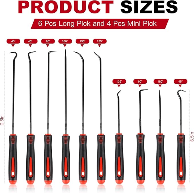 Rindion 10PCS Pick Set Mechanic, Hook and Pick Tool Set with Non-Slip Grip, Long & Mini Automotive Pick Set for O-Ring, Seal & Gasket Removal, Car Repair, Mechanical and DIY Use