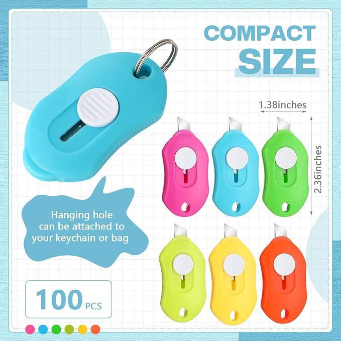 Lasnten 100 Pcs Mini Box Cutter Retractable Utility Knife Keychain Cute Pocket Knife Lightweight Colorful Letter Opener for Office Students Back to School Supplies Class Stationery DIY Crafts