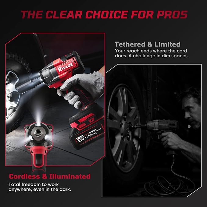Cordless Impact Wrench1/2 Inch, 800N. M/590Ft-lbs Power Impact Gun Kit, High Torque Electric Impact Driver for Car RV Tire,LED Light,4.0Ah Battery,Car/DIY Furniture/Home,Power tools,Red Toolbox