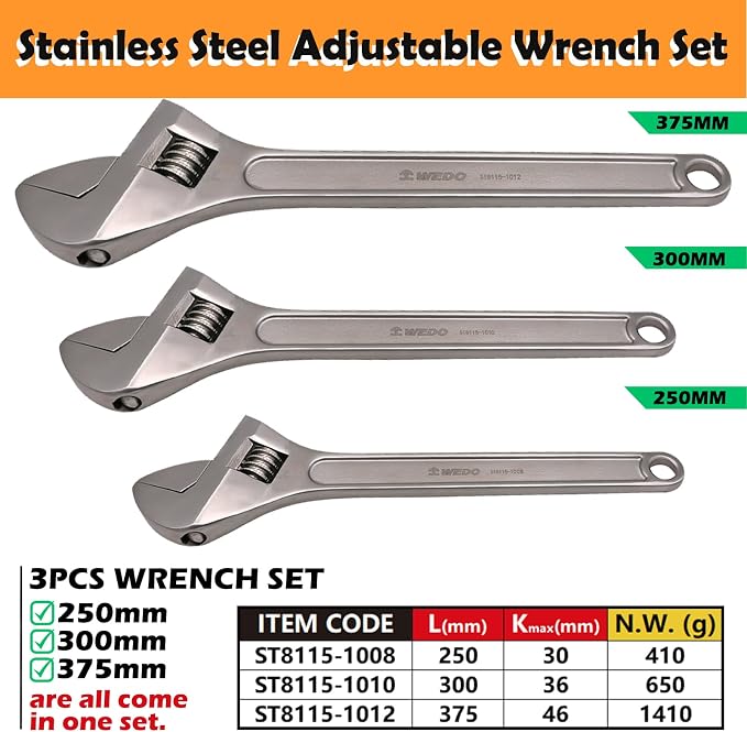 WEDO 3PCS Adjustable Wrench Set 10",12",15",Stainless Steel | Wide Jaw Spanner,Professional Spanner,Precision Jaws,Corrosion Resistant,For Automotive,Home and Plumbing Repairs