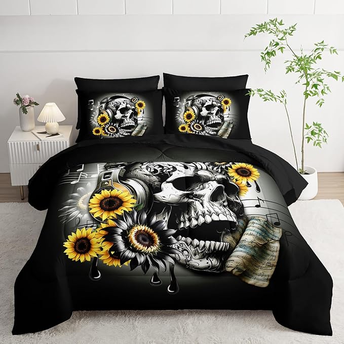 Gothic Skull King Size Comforter Set 7 Pieces,Skull with Headphones Print Bedding Set for Adults Kids Bedroom Decor,Music Sunflower Bedding with Comforter,Fitted Sheet,Flat Sheet,Pillowcases.