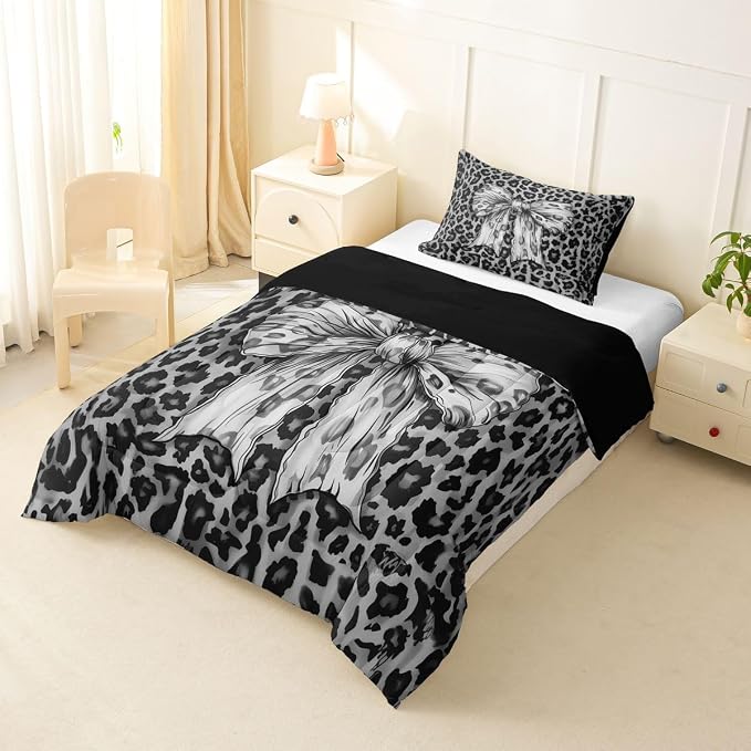 Feelyou Leopard Print Bedding Set Soft for Boys Girls, Black Cheetah Comforter Set Toddler Size Cute Bowknot Duvet Quilt Microfiber Bedroom Decor 2 Pcs with 1 Pillow Cases