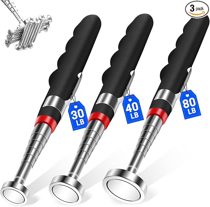 3PCS Telescoping Magnetic Pick Up Tool Extendable up to 31", 30lb 40lb 80lb Telescopic Magnet Stick with Extra Strong Magnet for Men, Husband, Birthday, Father's Day, Christmas