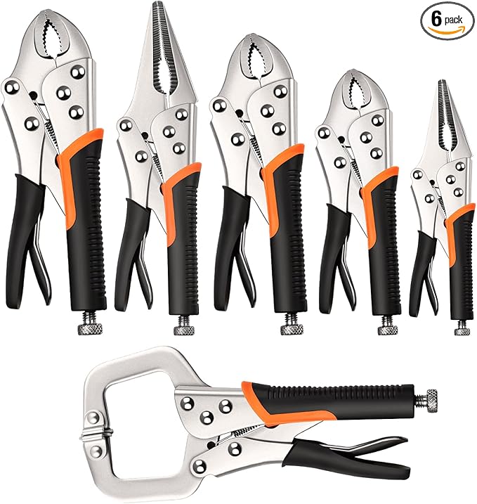 Locking Pliers Set,6-Pack Vice Grips,5"/7"/10"Curved Jaw Locking Pliers,6-1/2"& 9-1/2" Needle Nose Vise Grips and 6" C-Clamp for welding,Metal Bending,Woodworking
