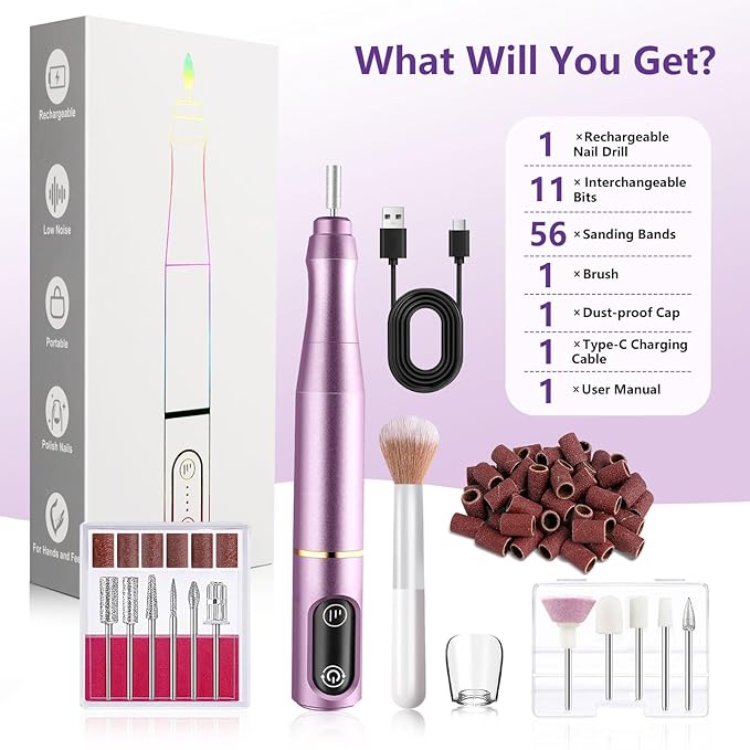 TUOBEO Cordless Nail Drill Electric Nail File Kit, Rechargeable Efile Set, Portable Acrylic Gel Nail Polish Remover Machine, Pedicure Manicure Tool, 11 Bits, 56 Sanding Bands, Salon Home, Purple