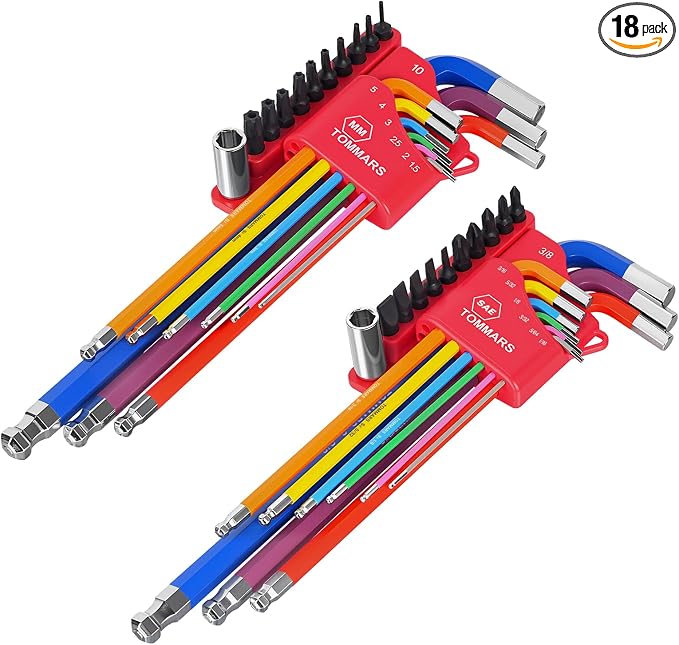 TOMMARS 18-PC Magnetic Ball End Allen Wrench Set, Extra Long & Color Coded | Extra Long Arm, Color Coded, S2 Steel, SAE(1/16"-3/8"), Metric(1.5mm-10mm), Including Bits & Adapter