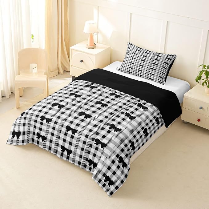 Feelyou Bow Checkered Comforter Set Toddler Size Chic Grid Bowknot Bedding Set for Kids Boys Girls Girly Black Duvet Quilt Bedroom Decor Microfiber 2 Pcs with 1 Pillow Cases
