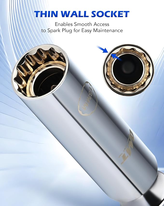 OMT 6pc 3/8" Drive Spark Plug Socket Set with Swivel and Thin Wall | 9/16" 5/8" 14mm 16mm Sizes, Cr-V Steel; 6 Point & 12 Point, 360-Degree Swivel, Secure Magnetic Core, Tight Spaces, DIY