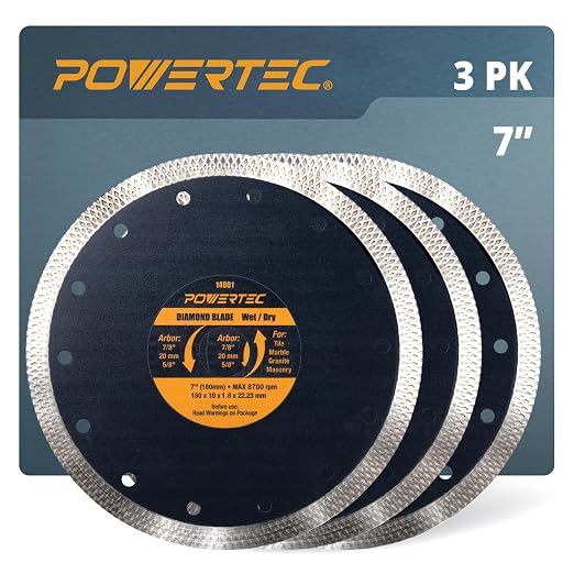 POWERTEC 7 Inch Diamond Saw Blades for Wet Tile Saw 3 Pack, Super Thin Turbo Mesh Rim Tile Blades for Cutting Porcelain, Granite Tile & Ceramic Tile, 7" Diamond Blades (14001-P3)