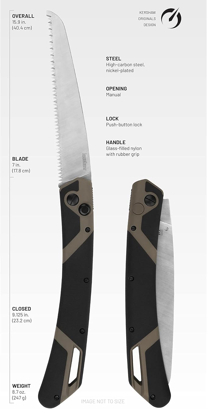 Kershaw Taskmaster Saw 2, 7" Serrated Blade, Outdoor Compact Folding Saw, Push-Button Opening Lock, Tan