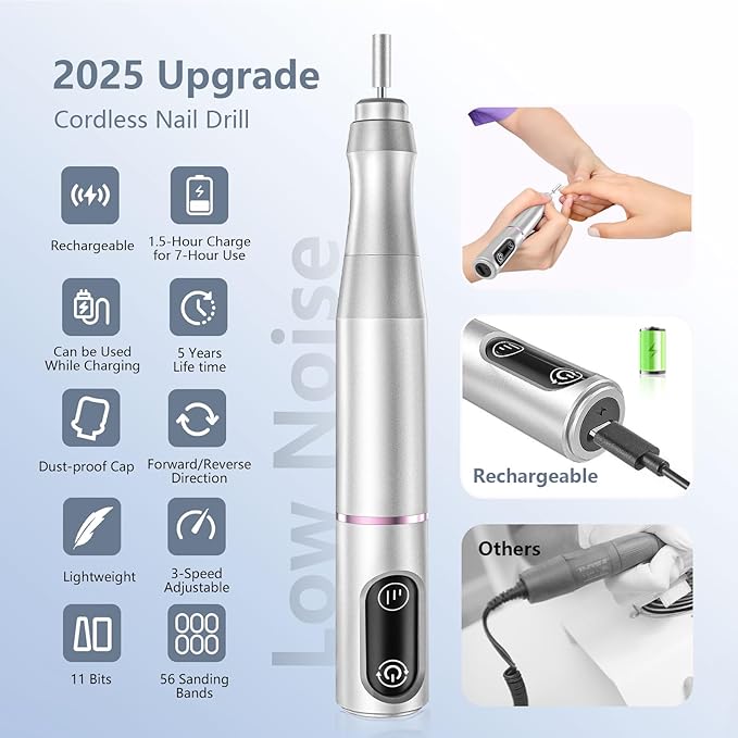 TUOBEO Cordless Nail Drill Electric Rechargeable File Kit, Professional Efile Acrylic Gel Nail Polish Remover Pedicure Manicure Machine Portable Set with 11 Bits 56 Sanding Bands for Salon Silver