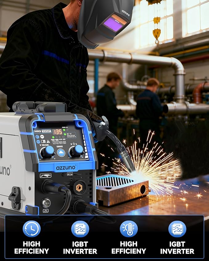 AZZUNO MIG Welder 135A 110V, 3 in 1 Flux Core Gasless MIG Welder/Lift TIG/Stick Welding Machine, Portable Wire Feed Welder Machine with Auto Darkening Welding Helmet