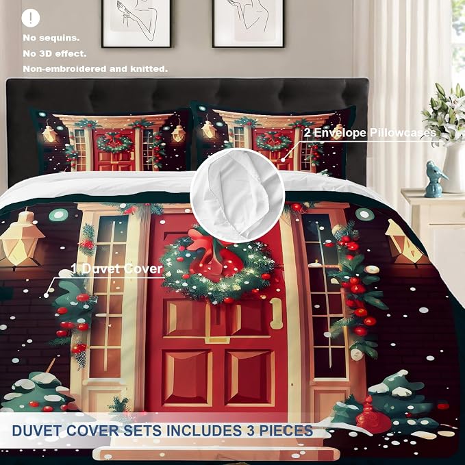 Batmerry Christmas Door King Size 100% Cotton Duvet Cover Sets, Wreath Snowflakes Bells Garland Lights Bedding Set with Zipper Closure Corner Ties, 3 Pieces (1 Cover + 2 Pillowcases No Comforter)