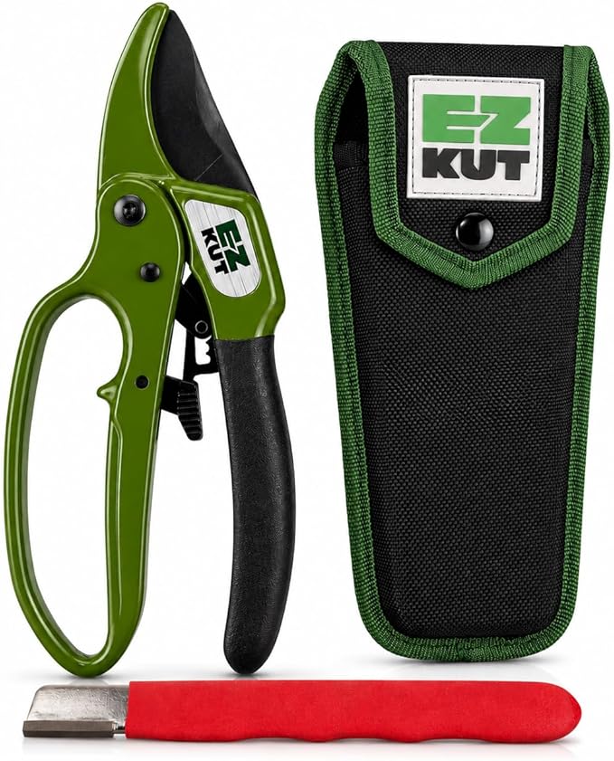EZ Kut Heavy Duty Ratcheting Pruning Shears Green with Holster and Sharpener, Garden Hand Pruner with Ballistic Nylon Sheath, Arthritis Friendly Anvil Clippers for Thick Branches Cuts Up to 1.5 Inches