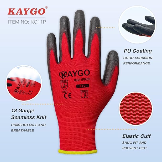 KAYGO Work Gloves for Men and Women,12 Pairs Seamless Knit PU Coated Safety Gloves, with Smooth Grip on Palm and Fingers, Ideal for Light Warehouse, Manufacturing, Gardening, KG11P (S, Red)