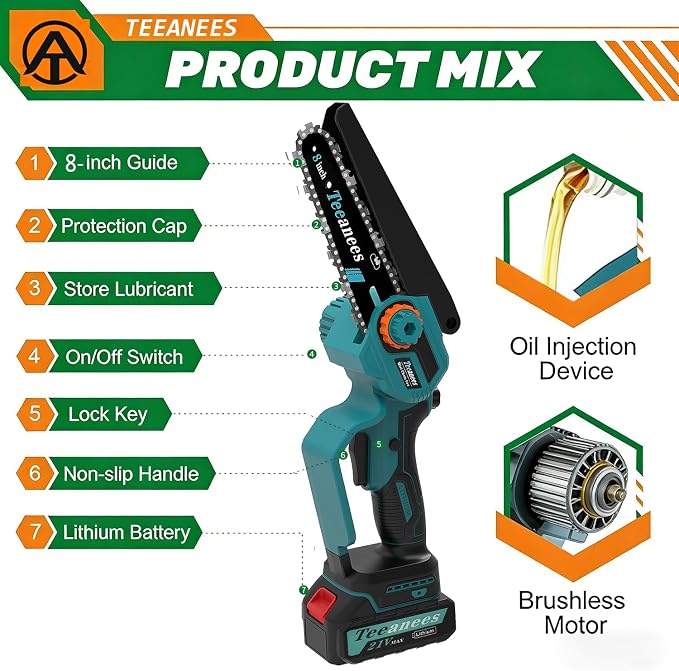 8" Brushless Mini Electric Chainsaw, 1200W Chainsaw Cordless with 4.0Ah Battery & 4 Chains, 2-in-1 Dual Bar (8" & 6") Mini Chain Saw Battery Powered, for Tree Trimming (Blue, 1 Battery)