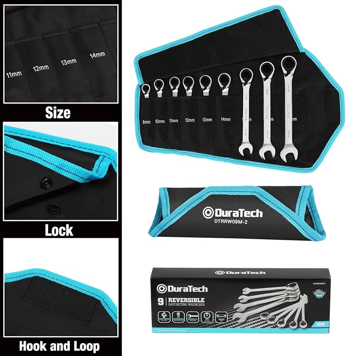 DURATECH Reversible Ratcheting Combination Wrench Set, Metric, 9-Piece | Open end Spanner, 8mm, 10mm, 11mm, 12mm, 13mm, 14mm, 15mm, 17mm, 19mm, 12 Point, CR-V Steel, with Rolling Pouch