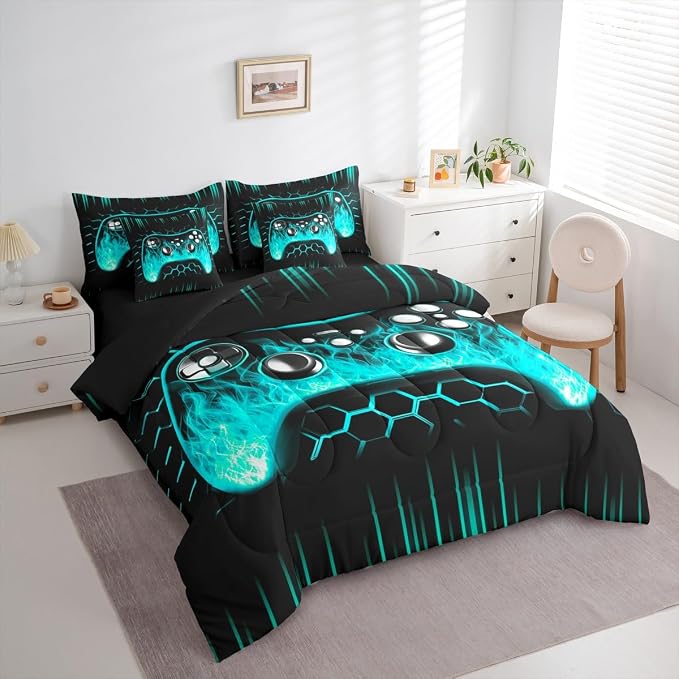 Erosebridal Boys Gamer Comforter Set 7 Piece Bed in a Bag Twin Ombre Art Honeycomb Sheet Set Teal Neon Lights Bedding Set Game Consoles Bed Set Geometry Hexagon Beehive Gaming Room Decor