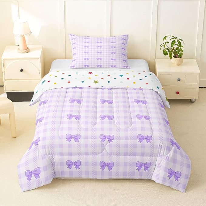 Feelyou Purple Bow Checkered Kids Comforter Set Twin Size Chic Grid Bowknot Bedding Set Girly Duvet Quilt for Kids Boys Girls Bedroom Decor Microfiber Ultra Soft Breathable