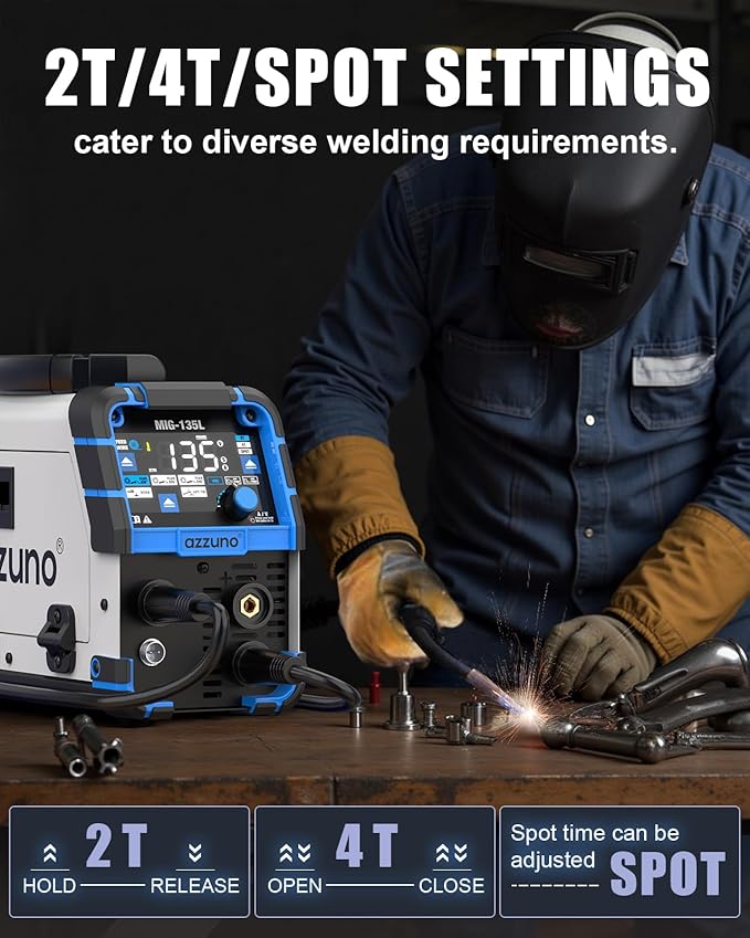 AZZUNO 135A MIG Welder 110V, 3-in-1 Welding Machine with Gasless Flux Core MIG/Lift TIG/Stick Welding, Wire Feed Welder with Synergic Control, Portable Flux Core Welder for Home DIY & Repair