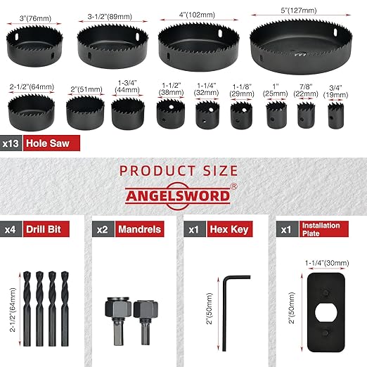 ANGELSWORD Hole Saw Set 21 PCS Hole Saw Kit, Hole Saw Drill Bit Kit, 3/4"-5" (19-127mm) 13 PCS Saw Blades, for Drywall, Soft Wood, Plywood, Plastic, PVC