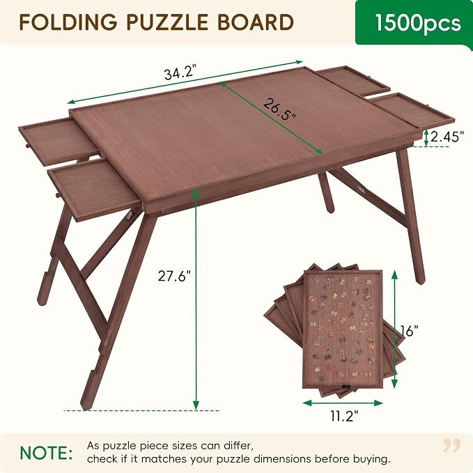 TEAKMAMA 27.6" H 1500Pcs Puzzle Table with Legs,4 Drawers for Adults,Brown | 34.3" W x 26.5" D Wood Folding Jigsaw Puzzle Board with Protective Cover