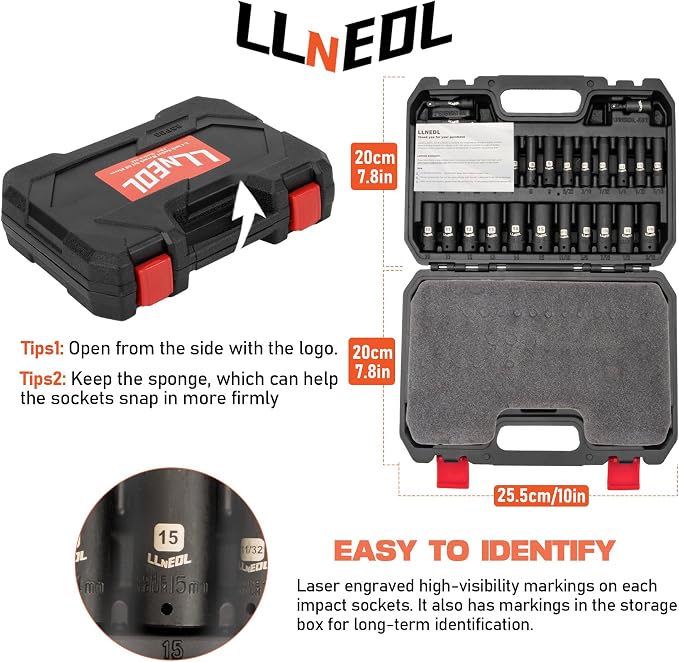 LLNEDL 1/4 Inch Drive Impact Socket Set, 83Pcs Socket Wrench Set Metric & SAE from 4-15mm, 5/32-9/16", 6 Point CR-V Deep & Shallow Sockets Kit with 72T Ratchet Handle, E Torx, for Automotive & Home