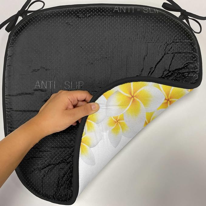 Lunarable Hawaiian Chair Cushion Pads Set 12, Frangipani Blossoms Exotic Nature Garden Plumeria Flower Frame Relaxation Theme, Anti-Slip Seat Padding for Kitchen & Patio, 16"x16", Yellow White