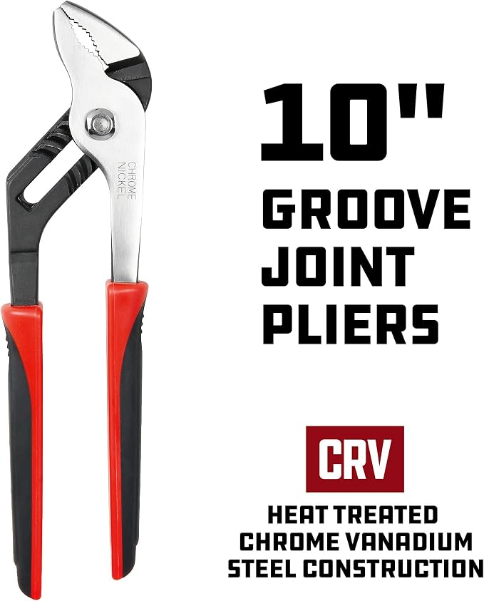 Powerbuilt 10-Inch Groove Joint Pliers, Adjustable Water Pump Pliers, Double Injection Ergonomic Handle - 640389