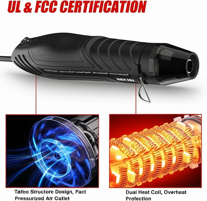 Heat Gun, Uptdae Version 110V 300W Mini Handheld Hot Air Gun with 6.6ft Cable, Portable Heat Gun For Crafting, Embossing, Shrink Wrapping PVC, Drying Paint, Clay, Rubber Stamp