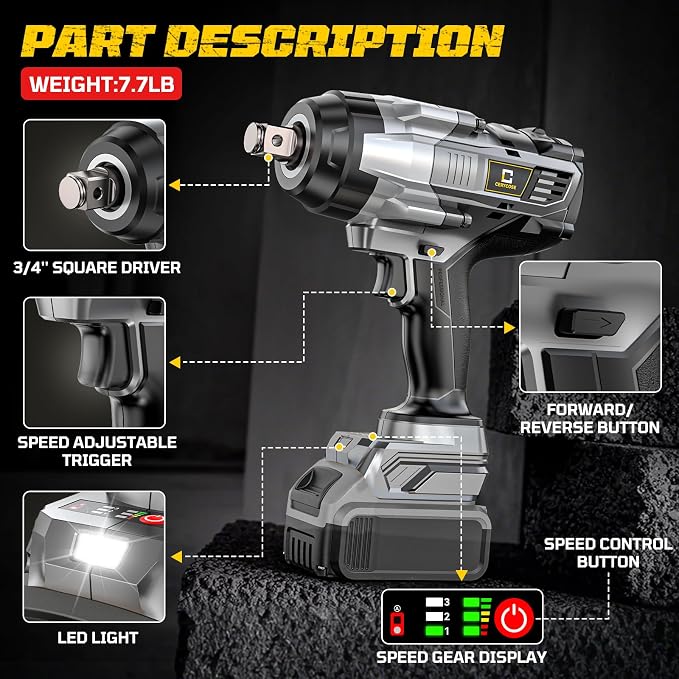 Cerycose 3/4" Cordless Impact Wrench Compatible with DeWalt 20V Battery, 1850 Ft-lbs (2500N·m) High Torque Brushless Impact Driver, 4 Sockets & Carrying Case, Heavy Duty for Trucks, Cars & Mowers
