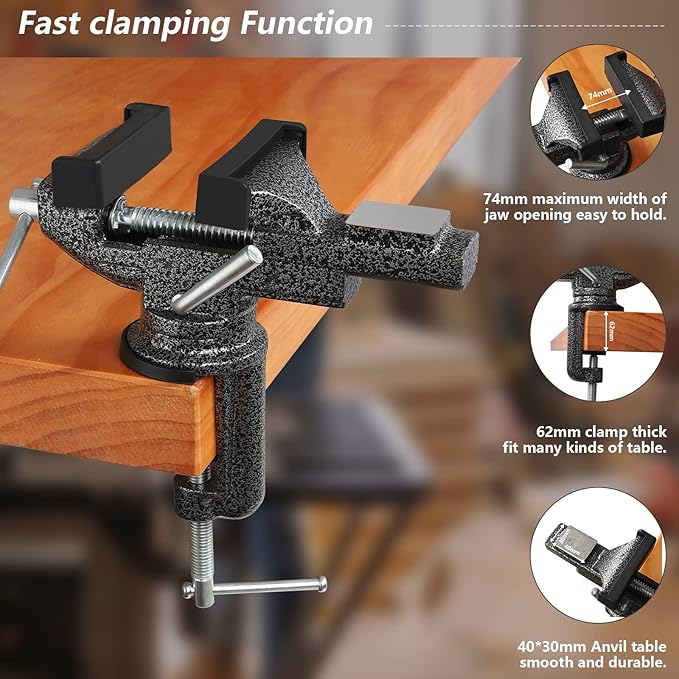 GOXAWEE Universal Bench Vise, 3.15 Inch Table Clamp, 360-Degree Swivel Base, Small Home Vice, Clamp-on Tool for Woodworking, Cutting Conduit, Small DIY Projects, Craft Creation, Sculpting and Modeling