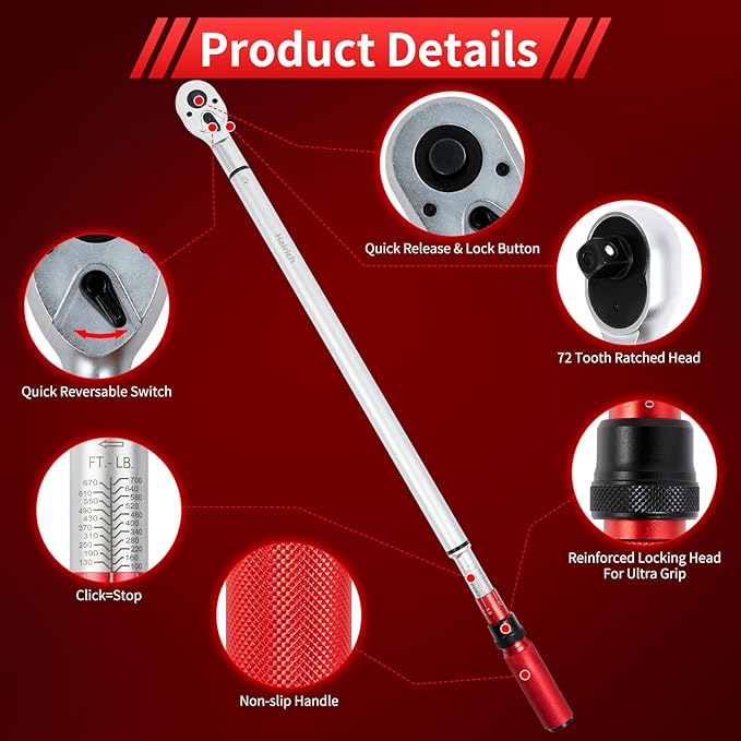 Hairich 3/4-Inch Drive Click Torque Wrench, Dual-Direction Adjustable 48 tooth 100-700ft.lb/136-949Nm, Professional Inch Pound Torque Wrench, for Maintenance Tool and Product Assembly