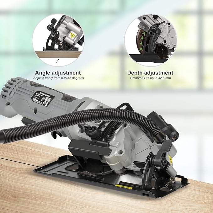 Mini Circular Saw, 4Amp 3500RPM Corded Compact Saw with 4-1/2" 24T TCT Blades, Laser Guide, Rip Guide, Vacuum Adapter and Blade Wrench, Max Cutting Depth 1-11/16"(90°), 1-1/8"(45°）