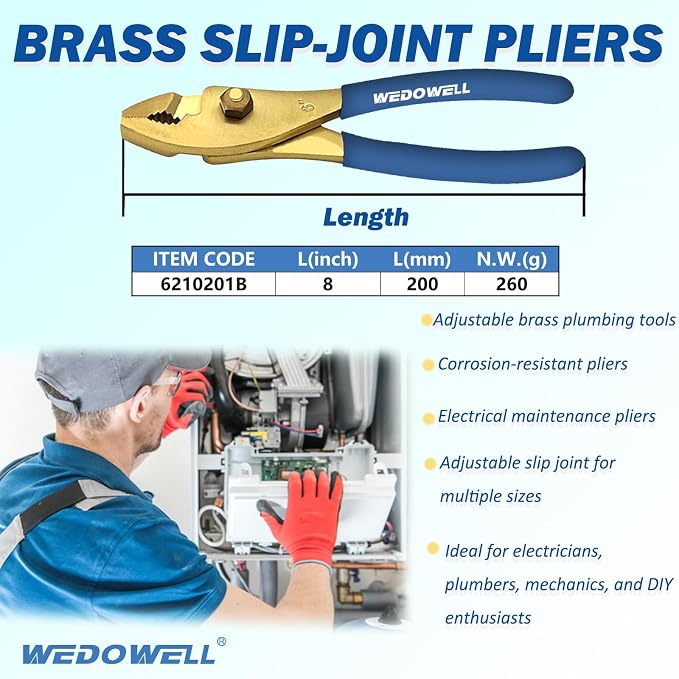 WEDOWELL 8" Brass Slip Joint Pliers,Wire Cutter with Rubber Grip Handle,Combination Pliers,Corrosion-resistance