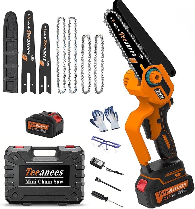 8" Brushless Electric Chainsaw, 1200W Battery Powered Chainsaw with 4.0Ah Battery & 4 Chains, 2-in-1 Dual Bar (8" & 6") Handheld Saw, for Tree Trimming (Orange, 1 Battery)