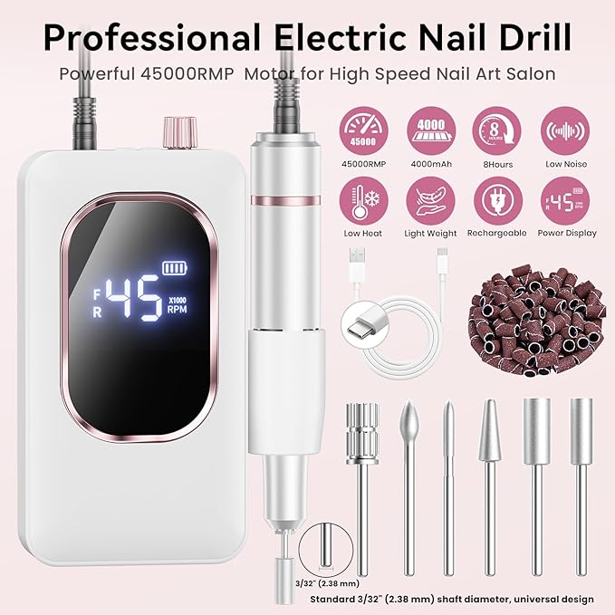 Professional Electric Nail Drill 45000RPM, Portable Nail File for Acrylic Gel Nails, Cordless Rechargeable Salon-Grade Ultra Power Nail Drill Kit for Shaping, Polishing & Removing Gel Nails