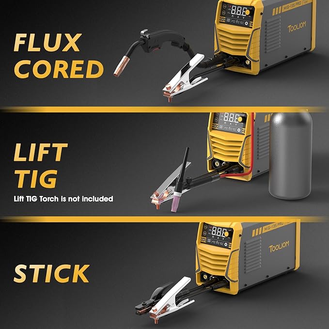 TOOLIOM 135A Gasless Flux Core MIG Welder 110V MIG Welder Flux MIG/Lift TIG/Stick 3 in 1 Welding Machine IGBT DC Inverter with LCD Display