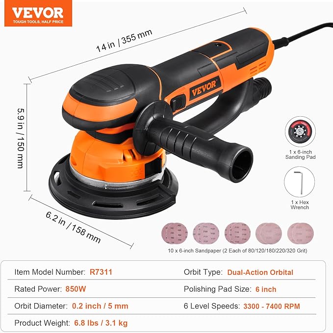 VEVOR Random Orbital Sander, 6-Inch DA & GA Dual Action Orbital Sander, 850W 7400PRM 6 Variable Speed Electric Palm Sander with 10PCS Sandpapers, Dust Connector for Woodworking Detailing Sanding
