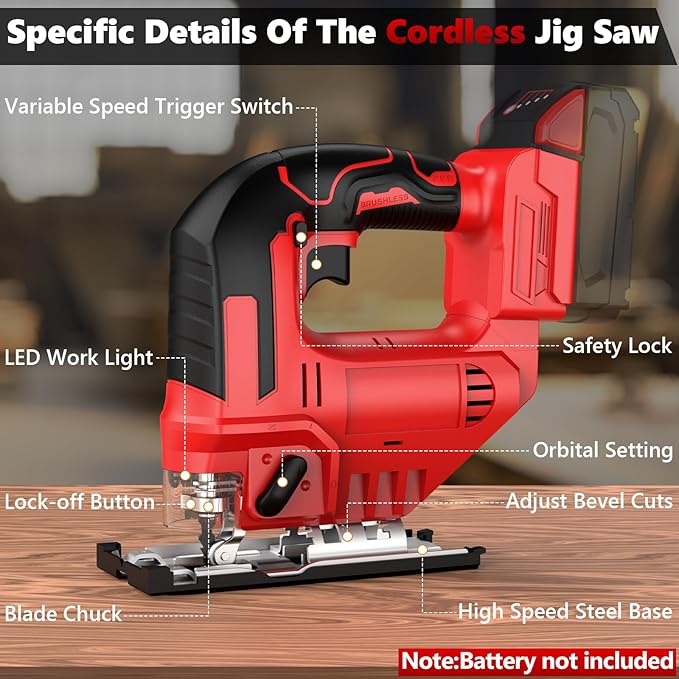 Cordless Jig Saw Compatible with Milwaukee 18V Battery, Brushless Jigsaw Tool with LED Light, ±45° Bevel Cuts, 3-Position Orbital for Metal/Wood/PVC Cutting(No Battery)