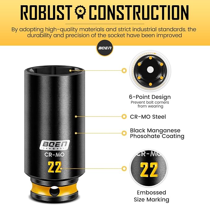 boen 3/8'' Drive Impact Socket Set, 50PCS Standard SAE (5/16 to 3/4 inch) and Metric (8mm-22mm), Deep & Shallow Size, 6-Point with Yellow Embossed Marking, CR-MO
