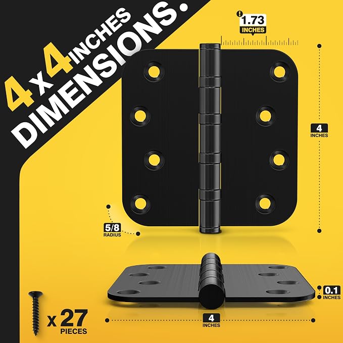 KOLET Ball Bearing Door Hinges, 4 x 4 Inches Door Hinges, Heavy Duty Stainless Steel Hinges, 5/8'' Radius Corner, Smooth and Quiet, Non Removable Pin, Matte Black, 3 Pack