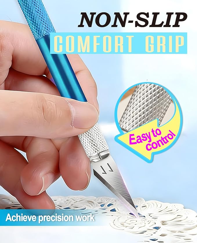DIYSELF Craft Knife with 10 Extra #11 Blades, Precision Hobby Knife Set with Steel Ruler, Exacto Knife for Crafting, Polymer Clay, Pottery, Paper, Vinyl, Stencil & Model Making (Blue)