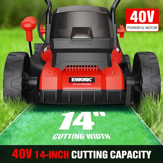 EWORK 40V Electric Lawn Mower Cordless, 14" Electric Push Mower with 2x4.0Ah Batteries & Charger, 3800RPM Motor, 6-Height Adjustment, 21Lbs Lightweight Battery Powered Lawnmower for Garden, Small Yard