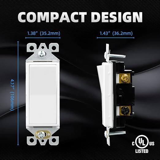 ELEGRP 3 Way Decorative Light Switch, 15Amp, 120-277 Volt, AC Decorator Rocker Paddle Wall Switch Replacement, Self-Grounding, Residential and Commercial Grade, UL Listed (10 Pack, Glossy White)