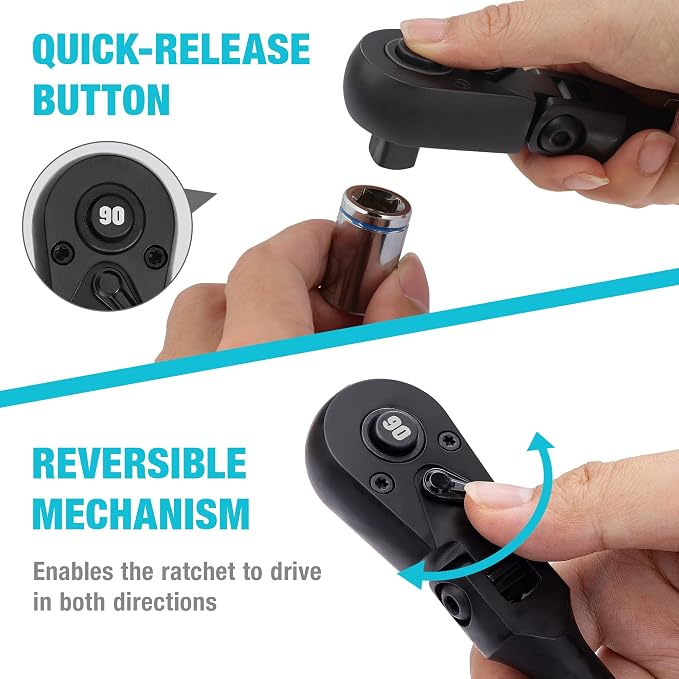 DURATECH 3-Piece Flex-Head Ratchet, 90-Tooth Quick-Release Ratchet Wrench | 1/4", 3/8", 1/2" Socket Wrench with 180° Pivoting Head & 7-Position Setting, Reversible, CR-V Made, Black Mn Phosphate Finish