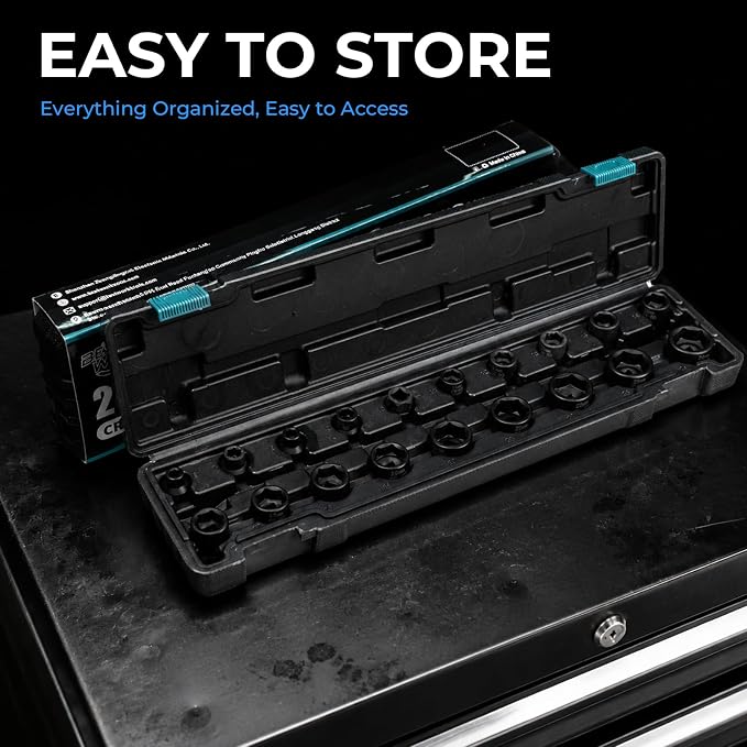 19-Piece 3/8" Drive Low Profile Nano Impact Socket Set, 6-24mm, Metric | Low Profile Desige, 6-Point Grip, Cr-Mo steel, Laser-Etched Markings, for Automotive, Bicycle & Industrial, Storage Case