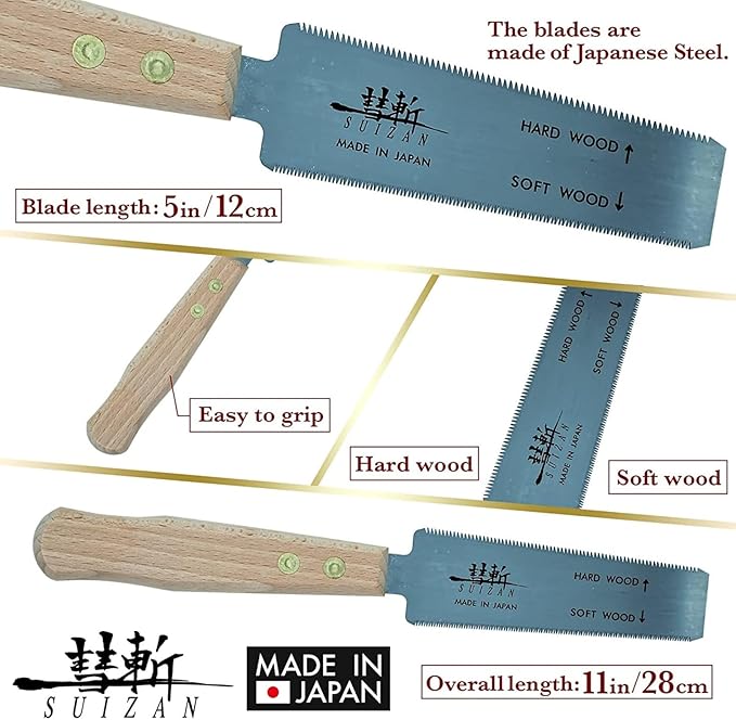 SUIZAN Flush Cut Saw 5" - Japanese Pullsaw Hand Saws Wood Cutting | Professional Pull Saw for Woodworking Furniture Making DIY Tools Dowel Trim Plugs No Set Teeth Sharp Blade Ryoba Double Edge