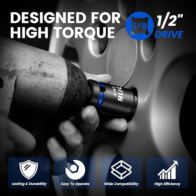 32-Piece 1/2" Drive Impact Socket Set with High-Vis Blue Rings & White Case, Deep SAE & Metric Sockets 10-24mm & 3/8"-1", Cr-V 6-Point Mechanic Tool Set with Extension Bars & Adapters
