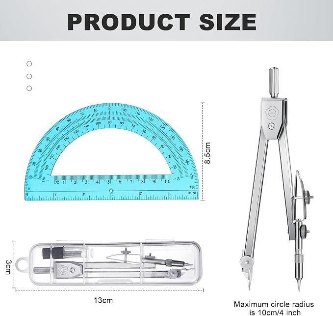 Zonon Student Protractor and Compass Set, Student Geometry Math Set, Compass for Geometry and 180 Degree 6 Inch Protractor for Drawing Measuring School Office(1 Pcs,Blue)